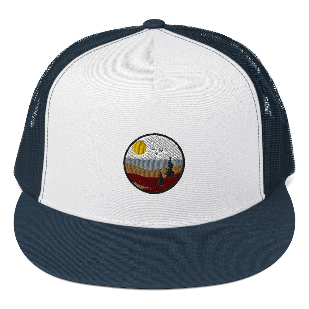 Trucker Cap - Embroidered emblem, mountains and trees