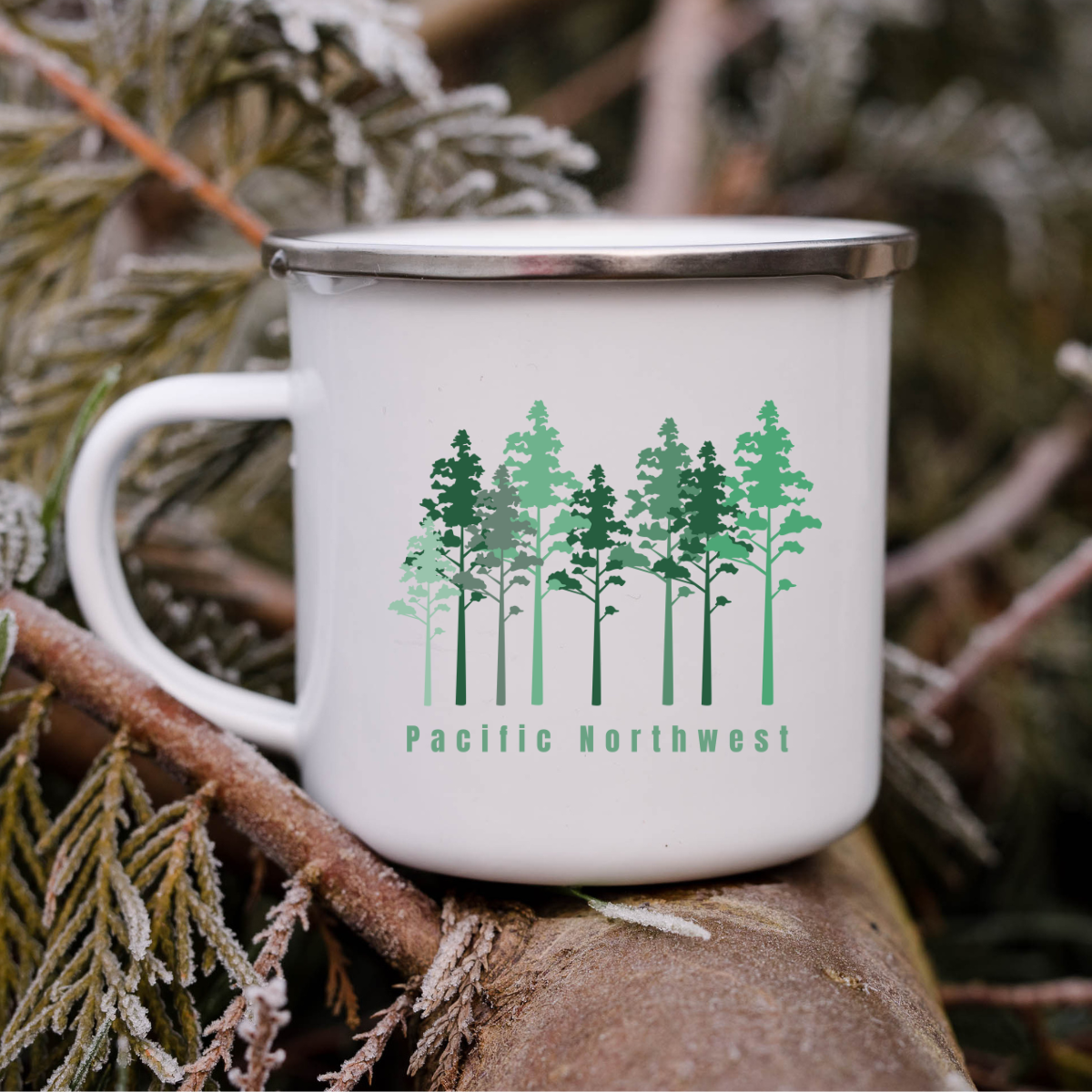 Enamel Mug- sturdy camping, PNW trees