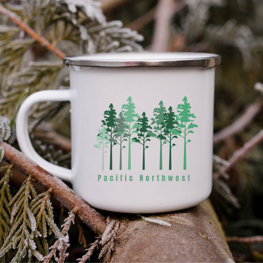 Enamel Mug- sturdy camping, PNW trees