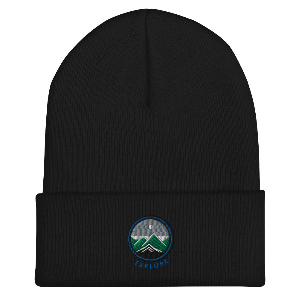 Cuffed Beanie Cap- Embroidered emblem mountains, explore