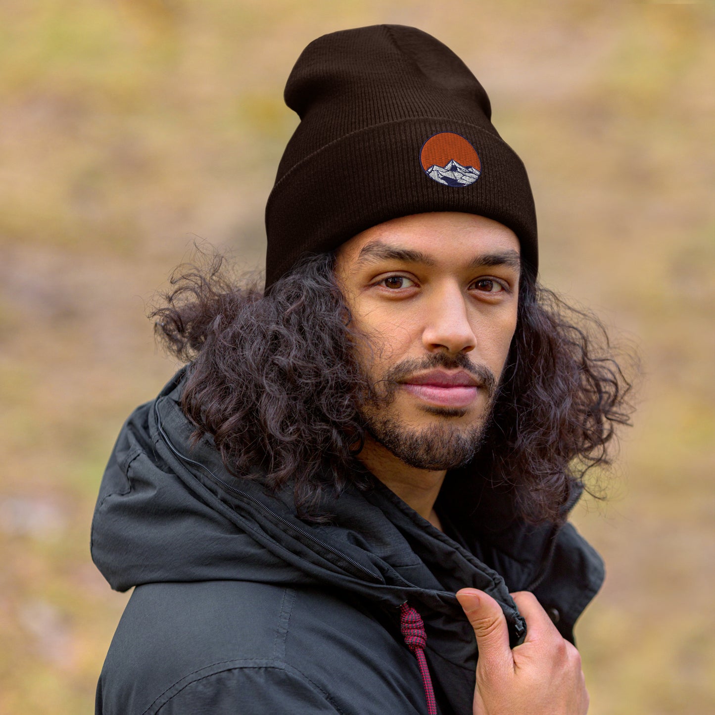 Cuffed Beanie Cap- Embroidered emblem, mountains