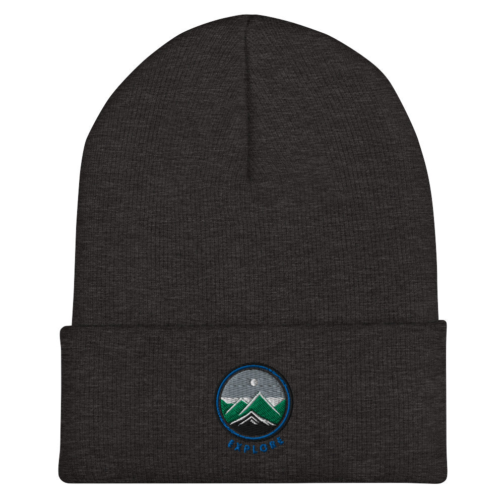 Cuffed Beanie Cap- Embroidered emblem mountains, explore