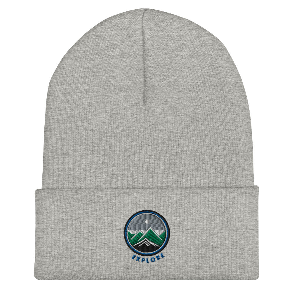 Cuffed Beanie Cap- Embroidered emblem mountains, explore