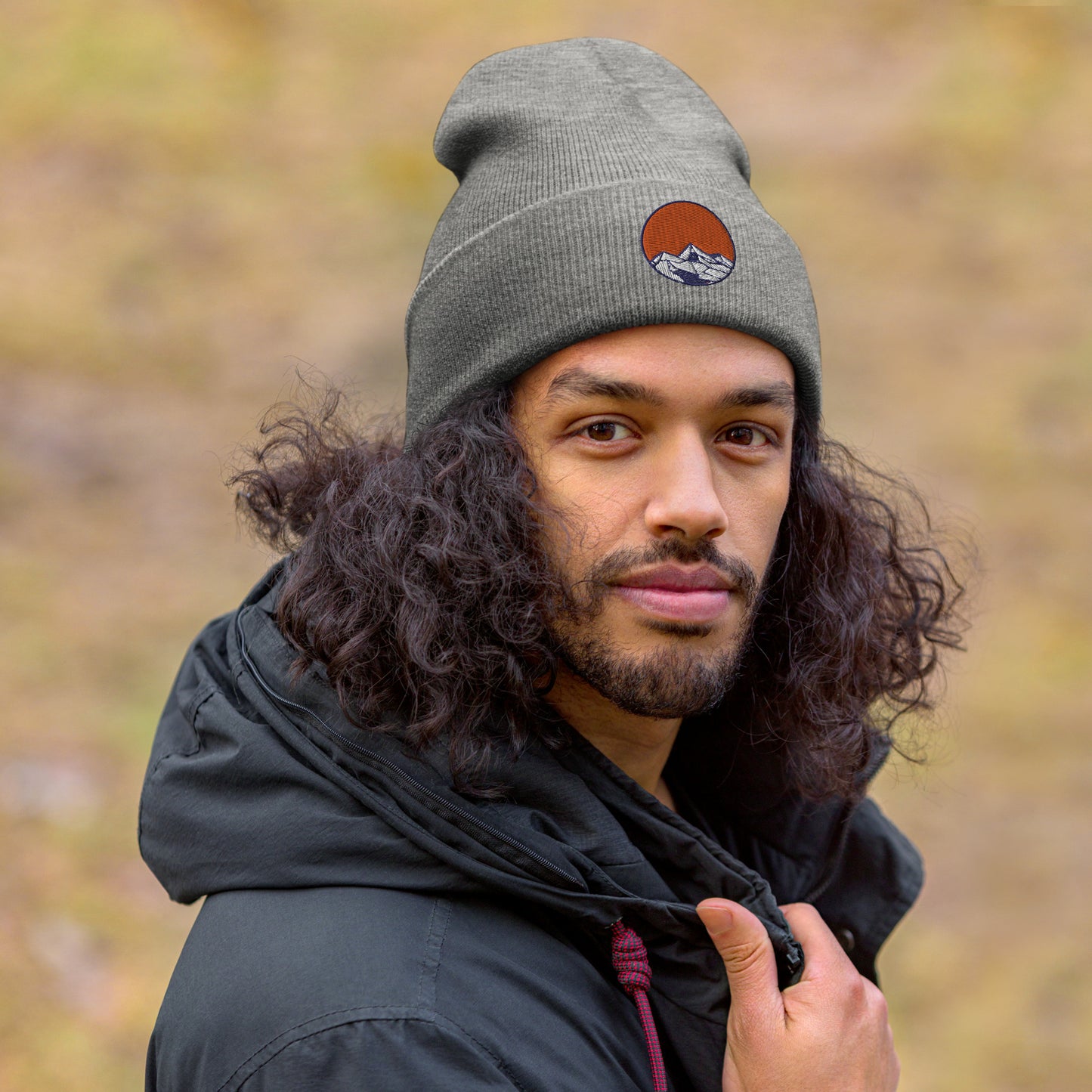 Cuffed Beanie Cap- Embroidered emblem, mountains