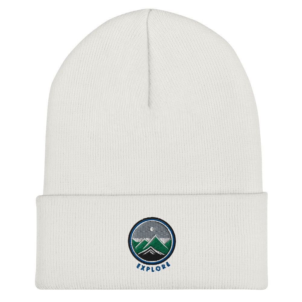 Cuffed Beanie Cap- Embroidered emblem mountains, explore