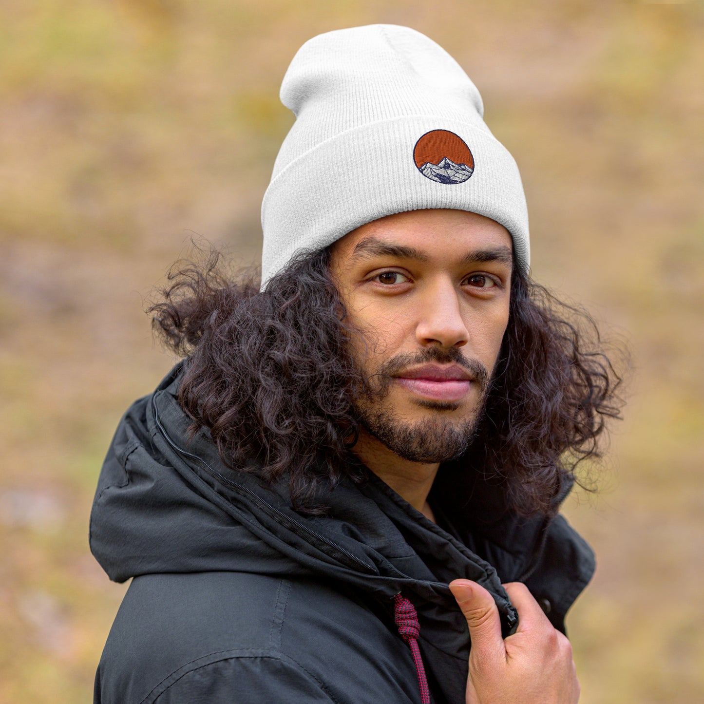 Cuffed Beanie Cap- Embroidered emblem, mountains