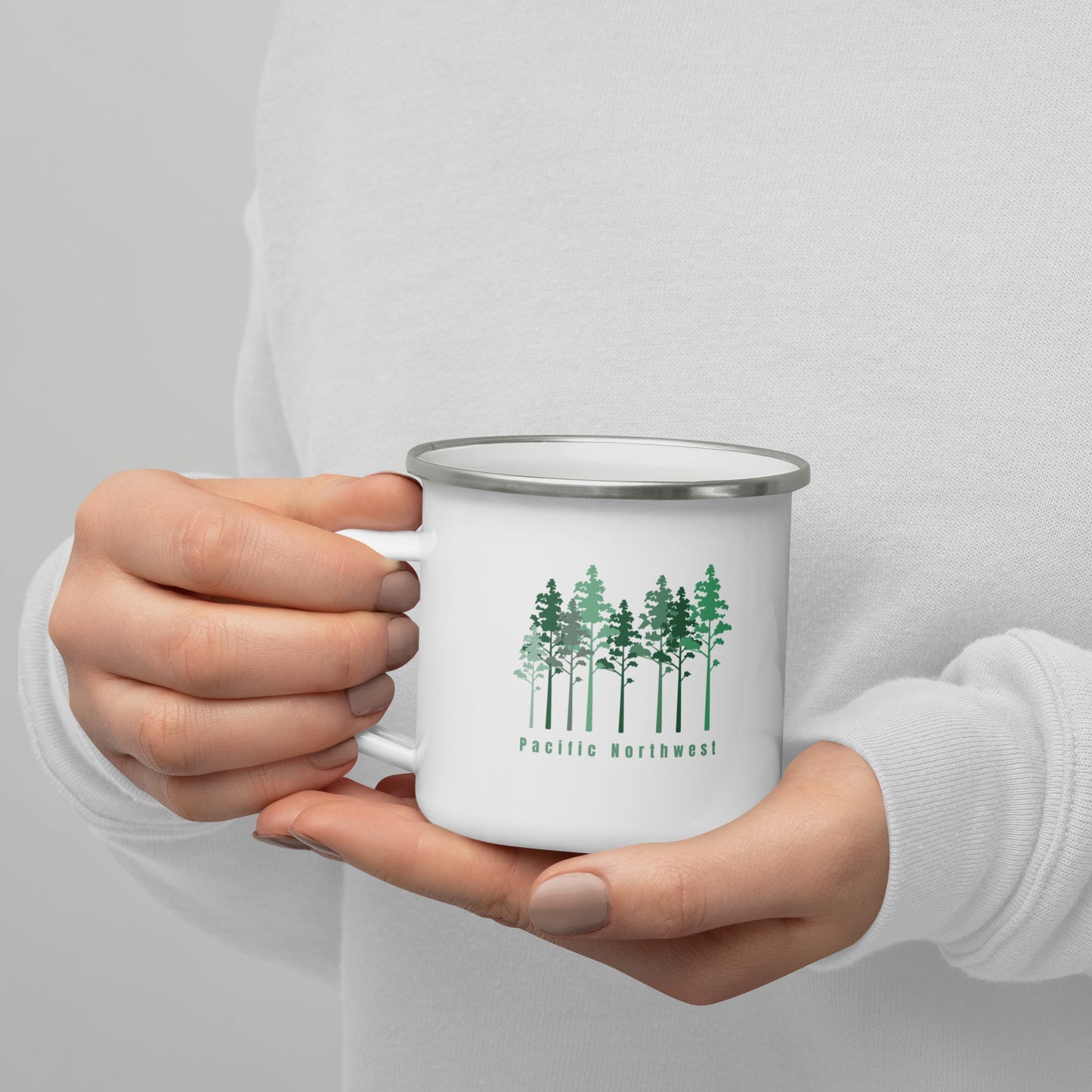 Enamel Mug- sturdy camping, PNW trees