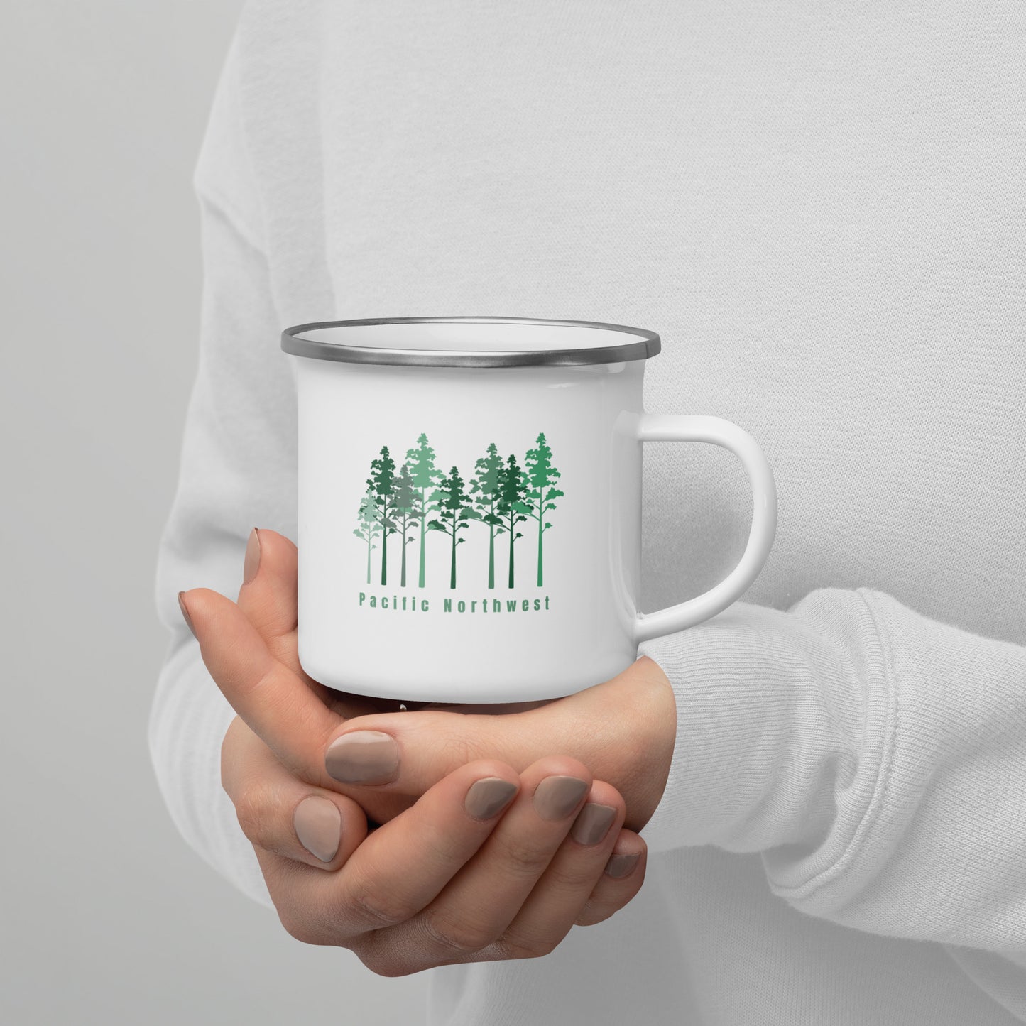 Enamel Mug- sturdy camping, PNW trees