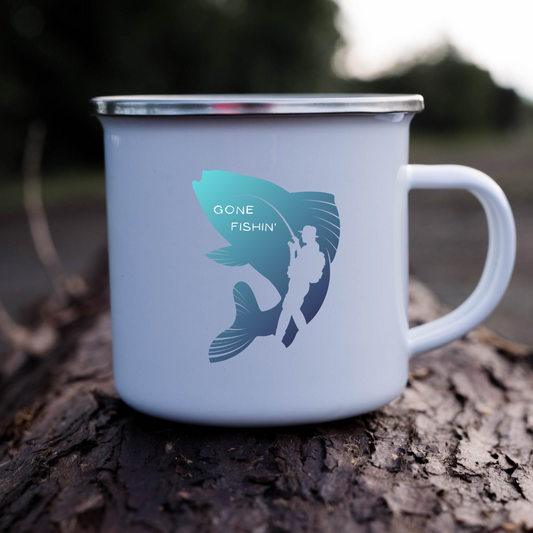 Enamel Mug- sturdy camping, gone fishing