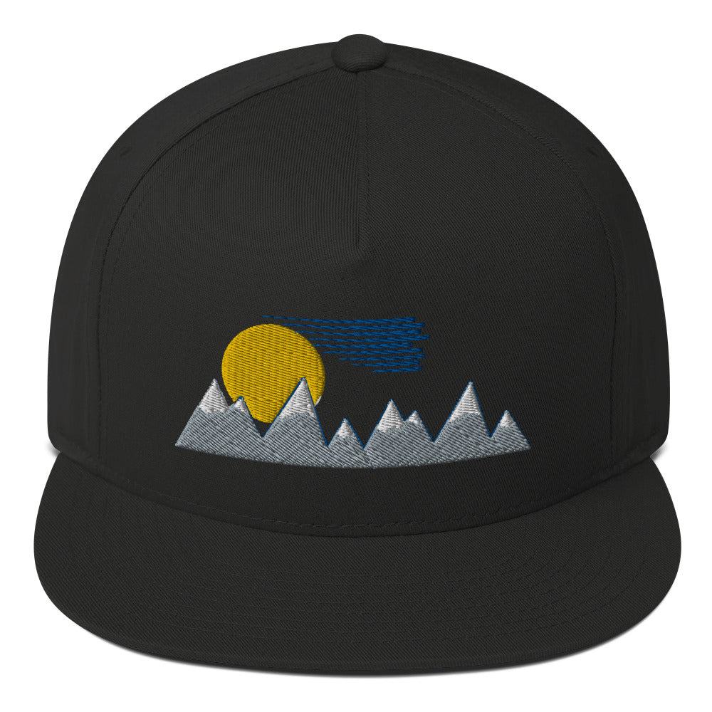 Flat Bill Cap- PNW inspired, mountains, sun clouds