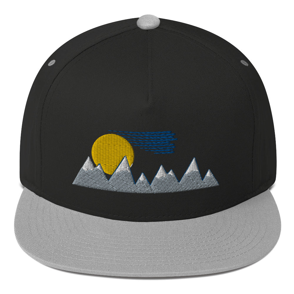 Flat Bill Cap- PNW inspired, mountains, sun clouds