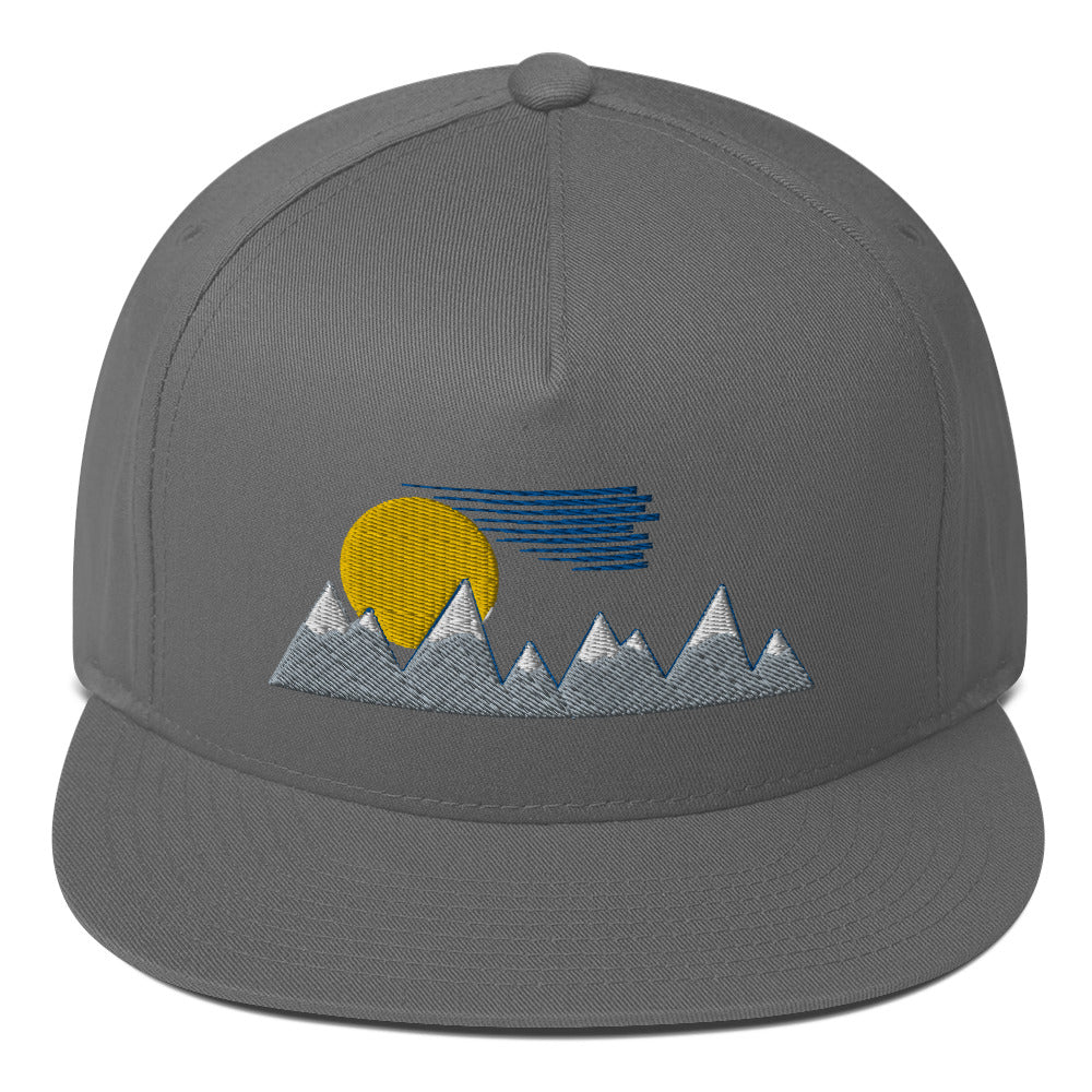 Flat Bill Cap- PNW inspired, mountains, sun clouds