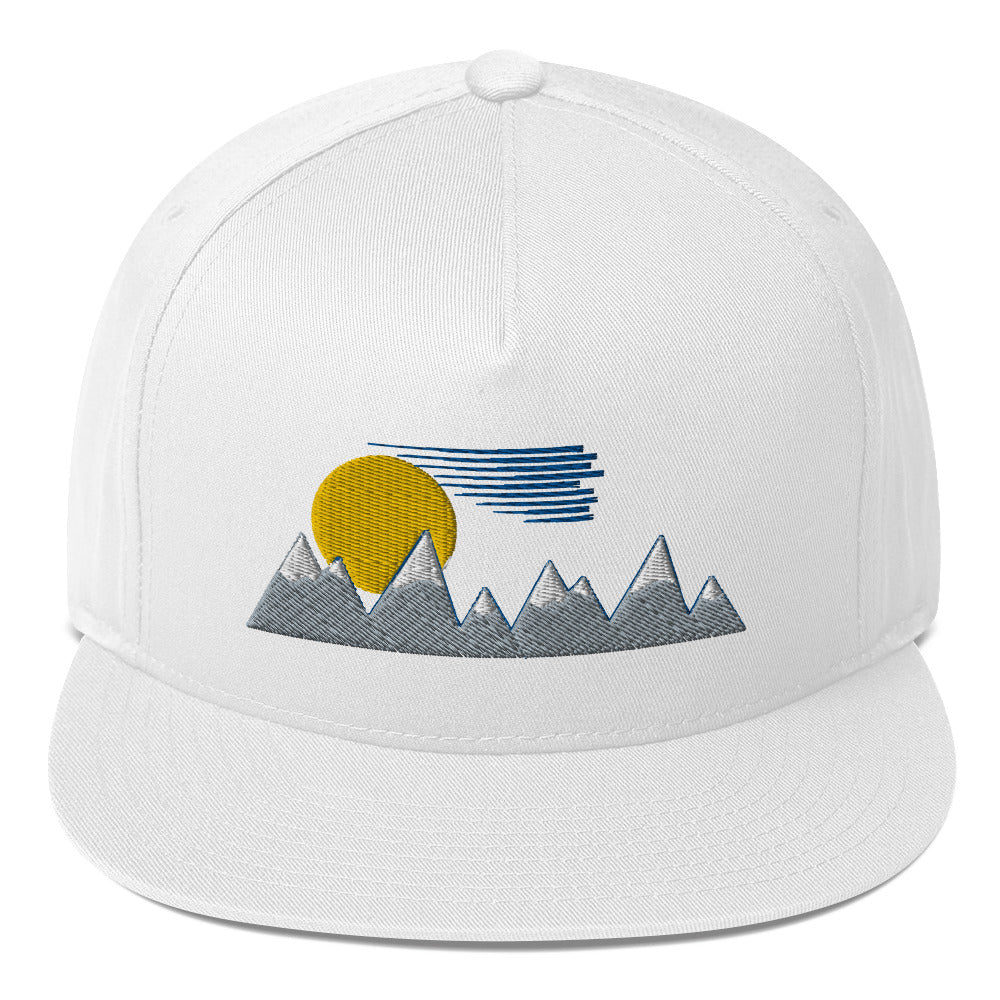 Flat Bill Cap- PNW inspired, mountains, sun clouds