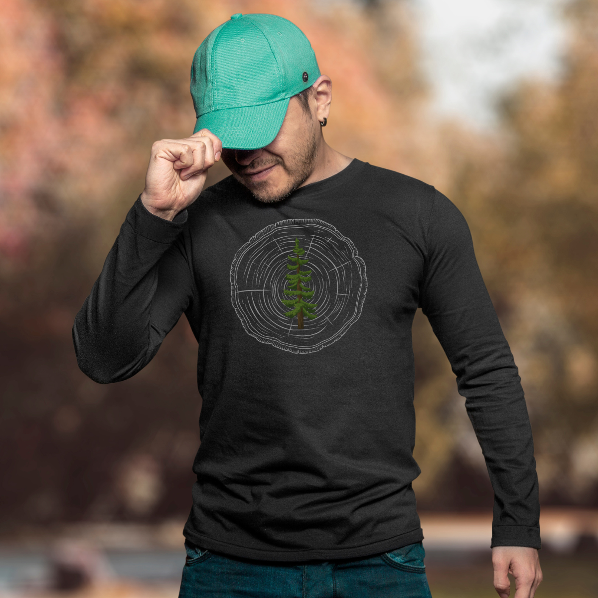 Unisex Long Sleeve Tee with pine tree and tree age rings